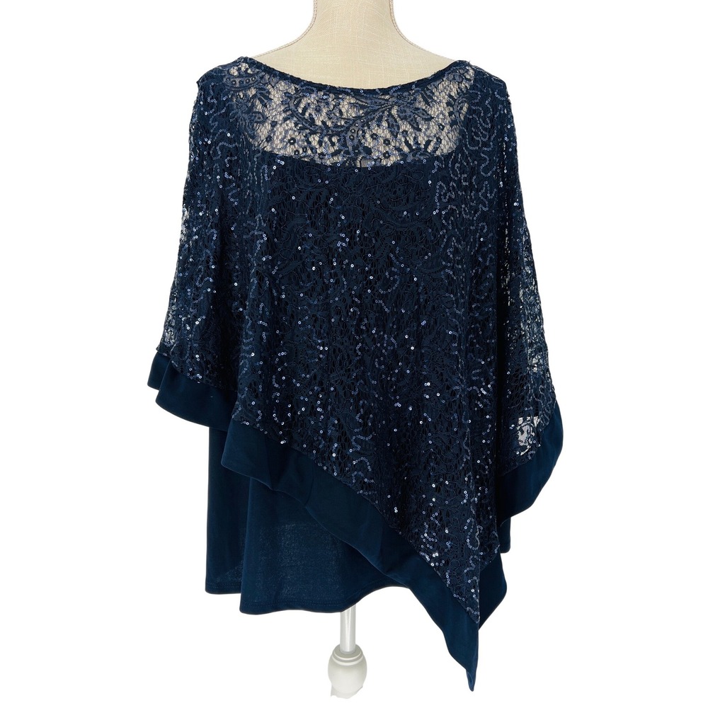 R&M Richards Poncho Tank Set Women 22W Navy Sequin Lace Evening Wedding